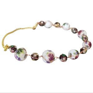Vintage Peony Floral Ceramic Bead Bracelet – Handpainted Cloisonné